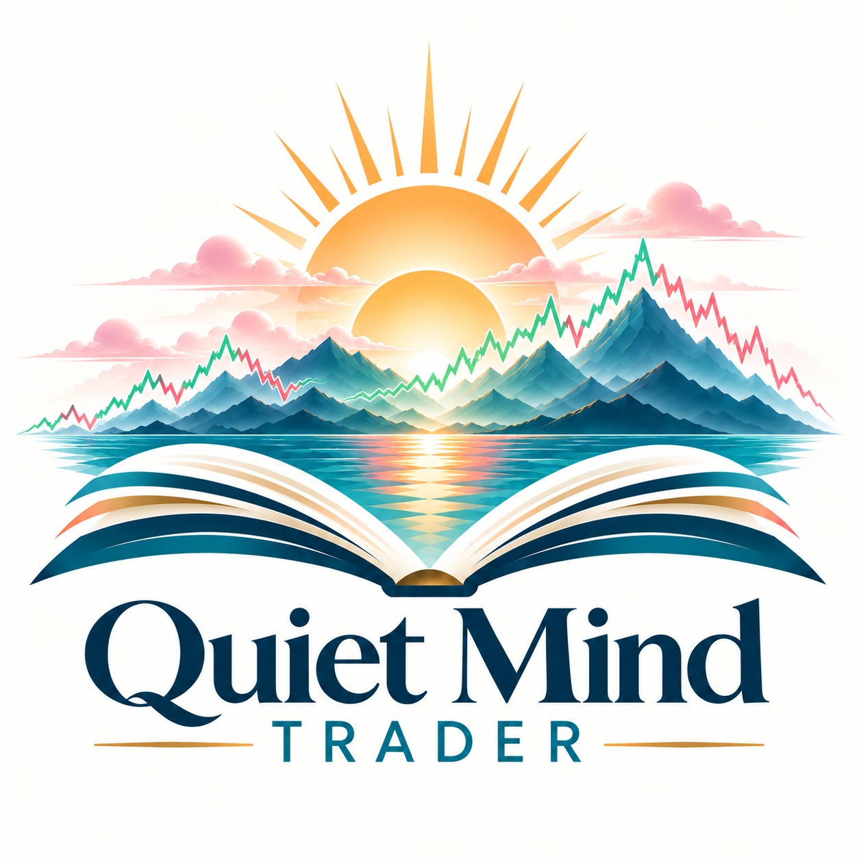 Quiet Mind Trader logo: a sunrise over still water and mountains, with an open book